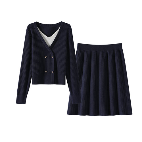 OSA欧莎撞色V领假两件针织套装女装冬季新款毛衫半裙两件套内搭裙