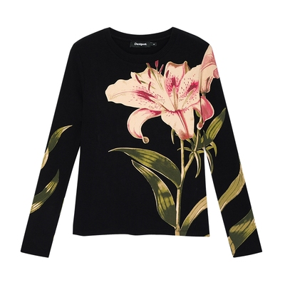 Desigual花朵印花弹力修身圆领设计时尚黑底长袖T恤