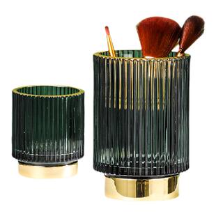 迈卡伦北欧轻奢描金绿色玻璃化妆品刷收纳筒笔筒复古插花瓶糖果罐