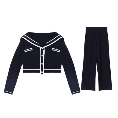 Basic House/百家好韩系时尚套装小香风长袖针织衫休闲长裤两件套