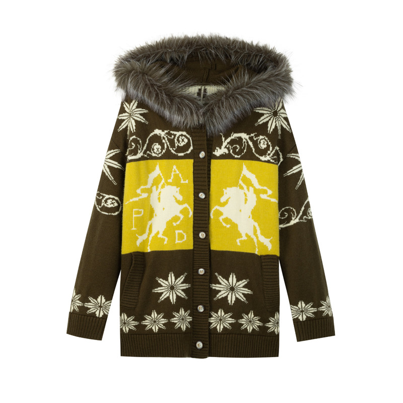 APRIORITY先验 骑士费尔岛毛领连帽提花撞色做旧开衫毛衣