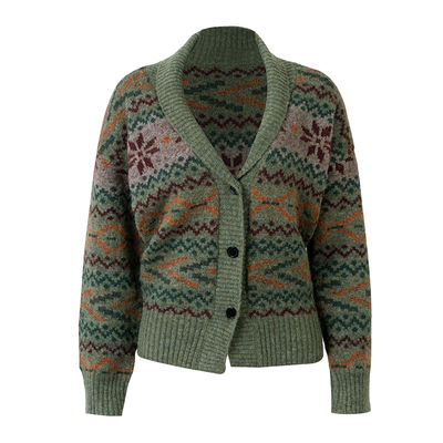 PynkiSwear 复古绿色费尔岛提花V领毛衣短款开衫外套上衣秋含羊毛