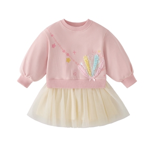 [7A抑菌]女童连衣裙春季儿童圆领卫衣裙假两件拼接纱裙女宝宝裙子