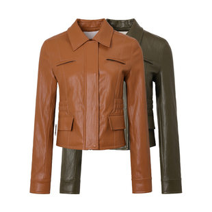 THREE GOOOD殷三吉 法式正肩修身小版外套时尚百搭翻领短款皮衣