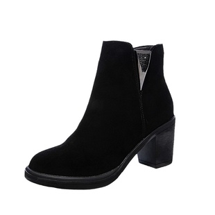 冠亚女鞋秋冬新款短靴粗跟圆头百搭英伦磨砂真皮高跟显瘦马丁靴女