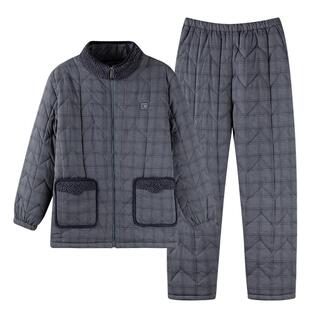 睡衣男士冬季珊瑚绒三层加厚加绒羽绒布夹棉袄秋冬超厚保暖家居服