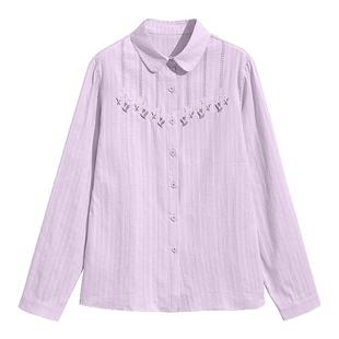 浅紫色翻领开衫t恤女长袖春秋宽松绣花全棉衬衫妈妈防晒衣薄夏季