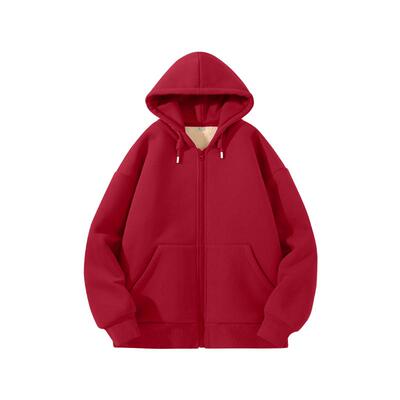 班尼路S&K系列红色连帽加绒卫衣女2025冬新款羊羔绒新年开衫外套N