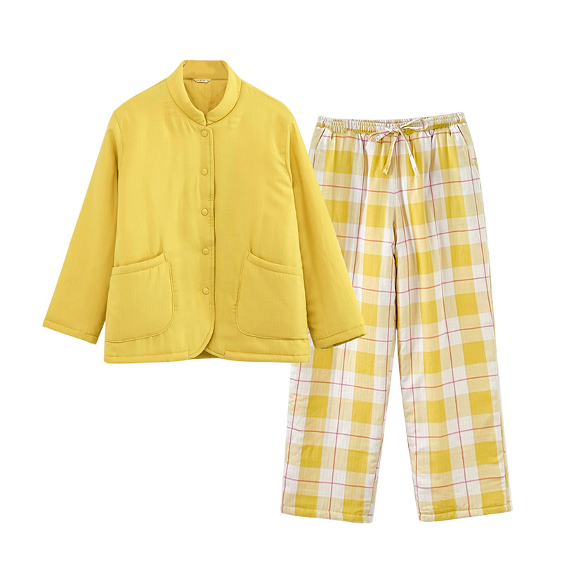 宜色家中式棉服睡衣三层加厚夹棉女士秋冬季款家居服长袖情侣套装