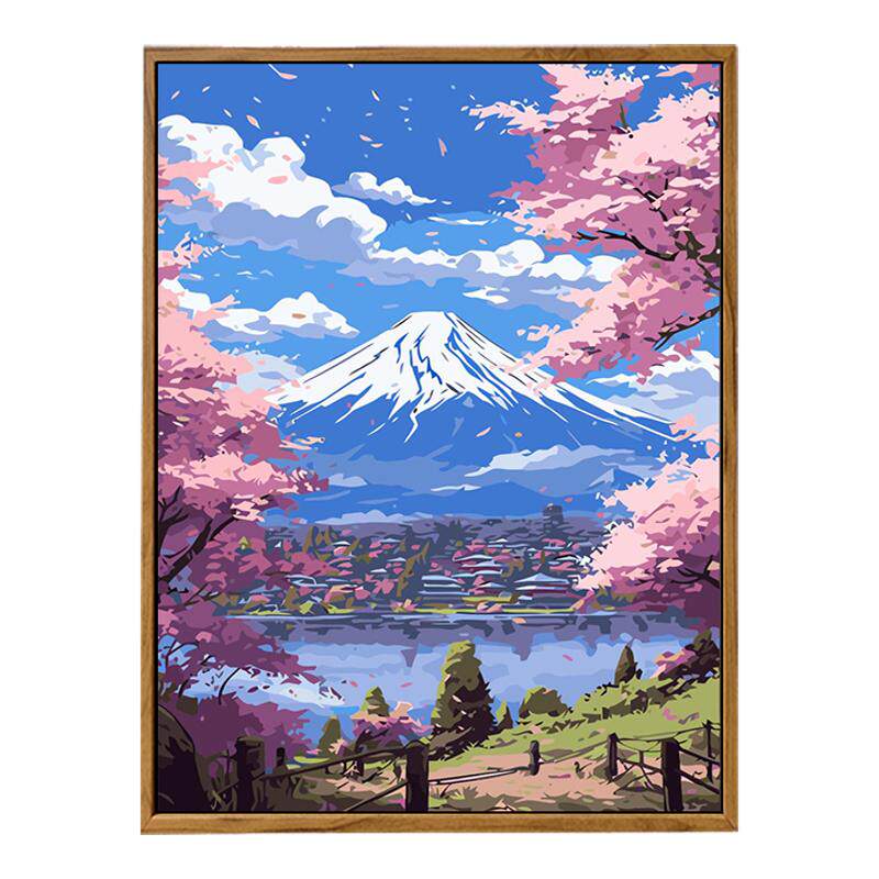 宫崎骏富士山樱花风景数字油画