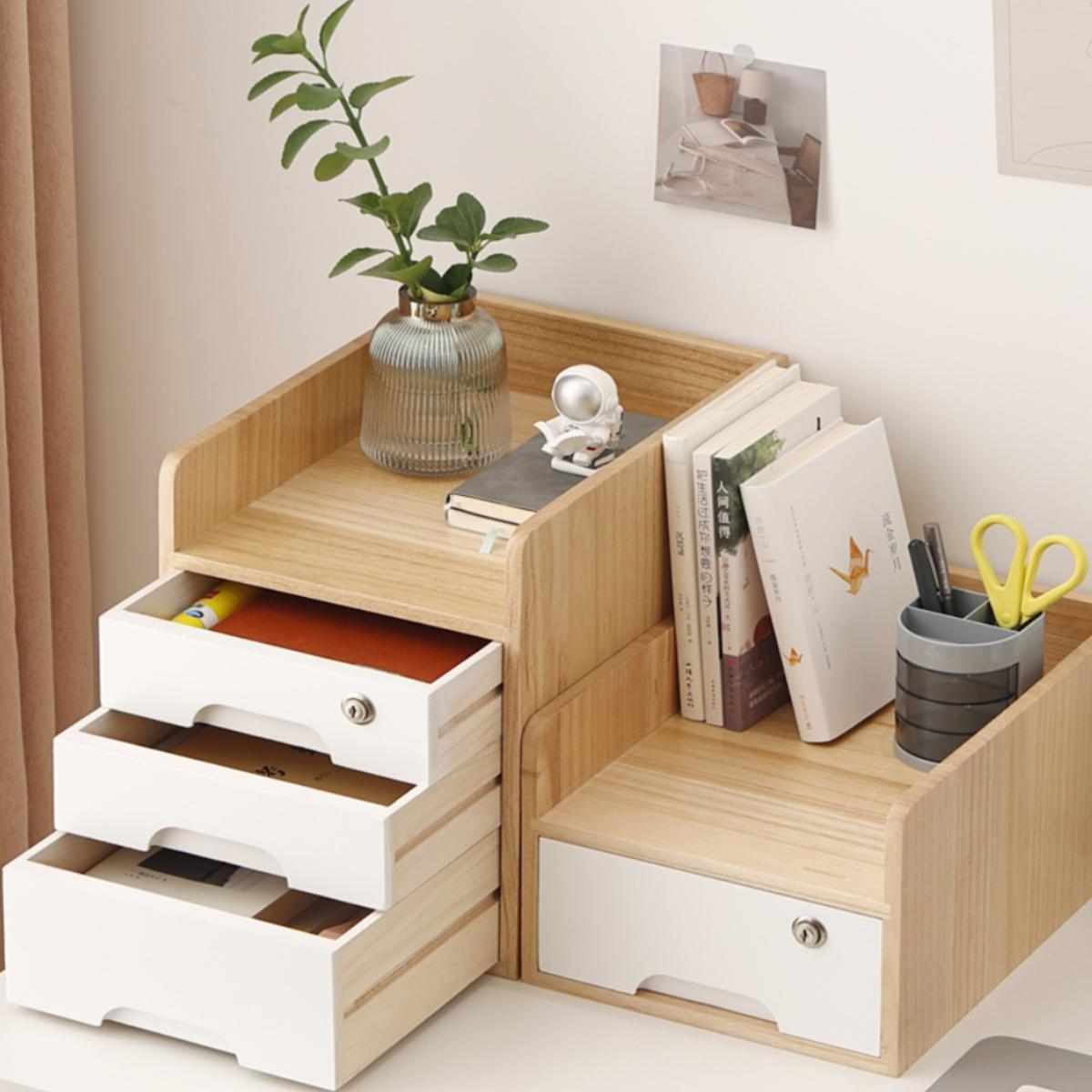 桌面实木带锁收纳盒多层木质置物柜杂物实木文件架抽屉式储物柜子