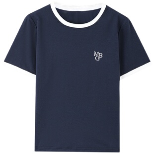 MB MindBridge夏季设计感短袖女士撞色简约纯色T恤圆领刺绣半截袖