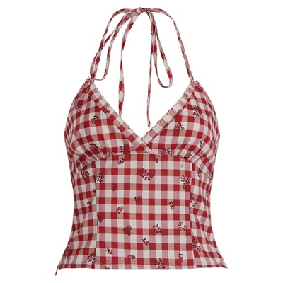 WEEKEEP 甜辣风少女感V领格纹印花挂脖吊带百搭性感修身开叉背心