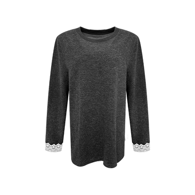 NAZ那子大码冬装德绒圆领宽松袖口蕾丝拼接上衣胖mm黑色休闲T恤