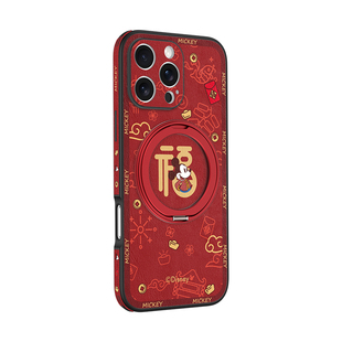 迪士尼新年适用苹果16promax手机壳磁吸旋转支架iphone15por高档皮纹全包镜头14皮质红色米奇秋冬保护套超薄