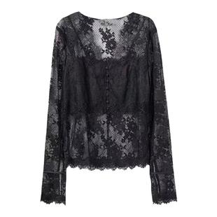 HZ HPLY NEW2024秋季新款女V领纯色网格花朵蕾丝修身上衣30610128