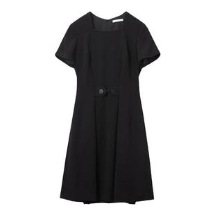 OVV春夏热卖女装十字纹醋酸复古优雅方领小黑裙短袖连衣裙
