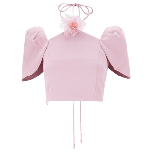 马天奴2025秋冬新款粉色系带挂脖立体花朵上衣泡泡袖甜美短款时尚