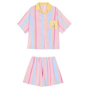 馨帮帮Homedress 撞色条纹卡通睡衣女夏季新款宽松短袖家居服套装