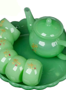 琉璃绿色玉瓷刻字羊脂功夫茶具