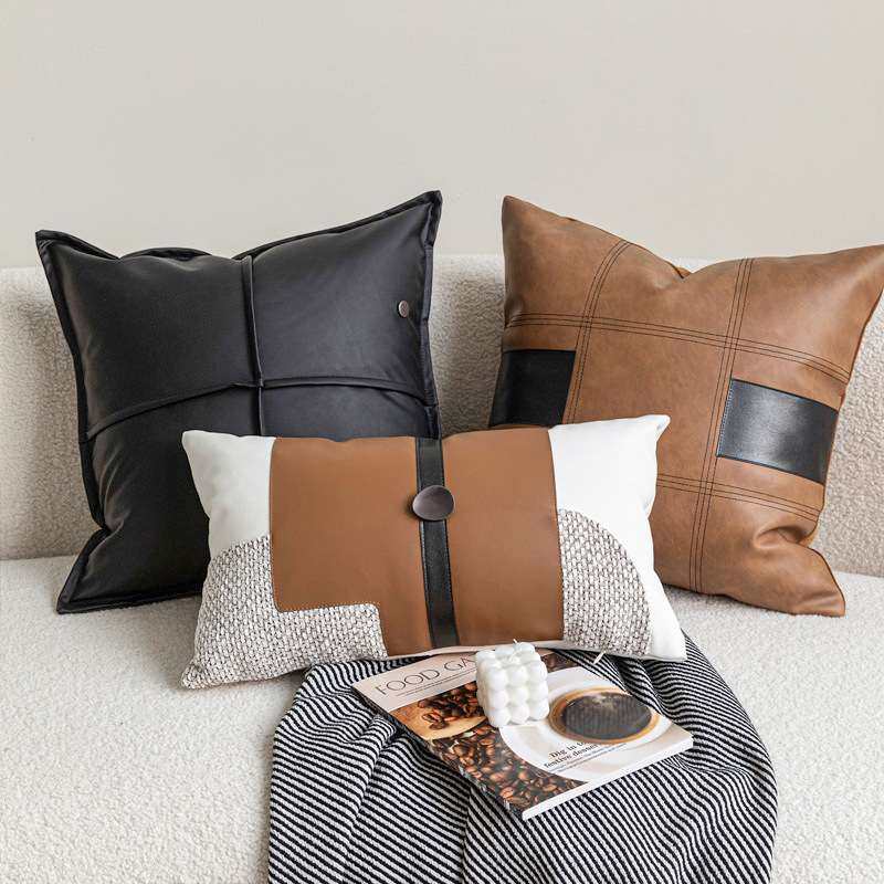高端轻奢现代抱枕沙发色靠垫枕套房间客厅床头咖棕样板靠黑白皮质