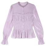 白鹿语淑女风甜美荷叶边衬衣26春夏新款甜美钉珠长袖修身衬衫上衣