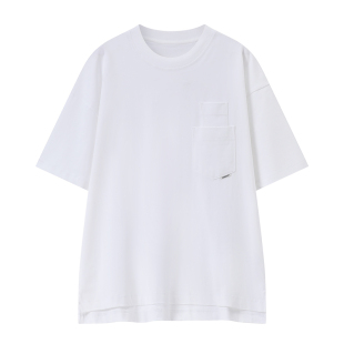 350g三本针重磅加厚全棉短袖t恤男女小领口前短后长白色口袋半袖