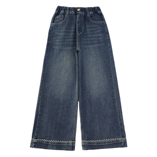 女童冬季加绒牛仔裤2025新款女孩网红刺绣直筒阔腿儿童裤子秋冬款