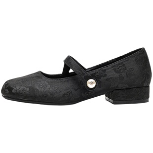 新中式国风玛丽珍鞋女春山茶花配裙子旗袍粗跟单鞋大码女鞋41到43