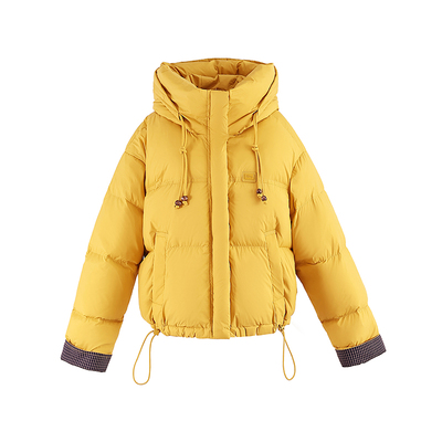 短款黄色连帽格子拼接羽绒服外套