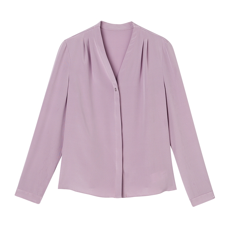 赢智尚outlet 紫色桑蚕丝衬衫女2025秋季新款优雅气质百搭V领上衣