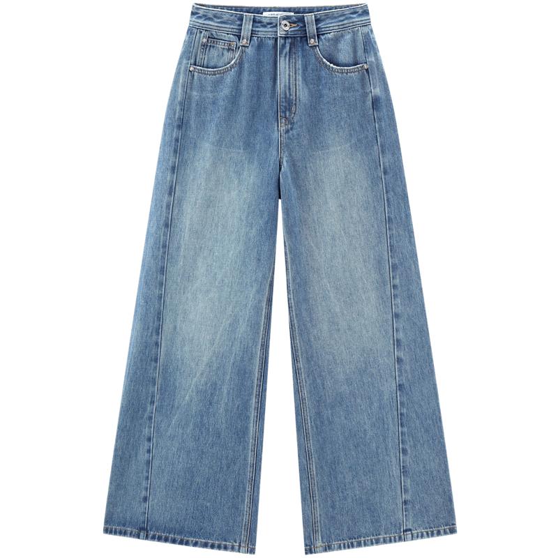 太平鸟高腰阔腿牛仔裤2025秋冬新款宽松显瘦个性水洗直筒牛仔裤女