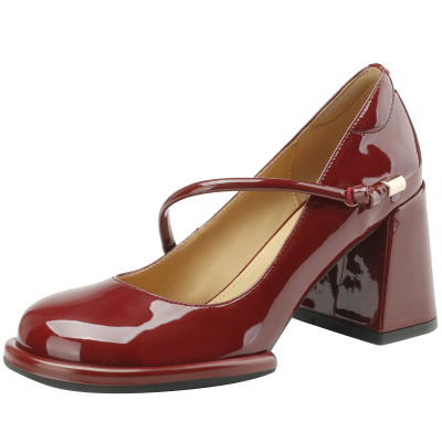 酒红色真皮漆皮高跟玛丽珍单鞋女