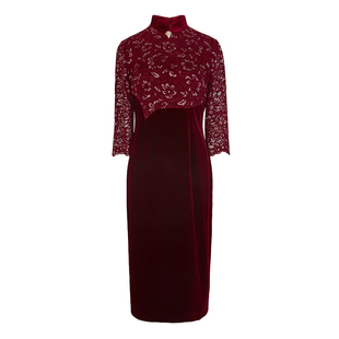 木真了丝绒旗袍裙新品复古拼接七分袖宴会婚礼喜妈妈连衣裙601