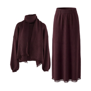 马天奴2026春夏新款枣红色宽松上衣半身裙半裙子长裙围巾两件套装