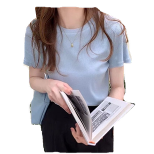 螺纹针织正肩短袖t恤女夏季2023纯色内搭别致显瘦上衣白色打底衫