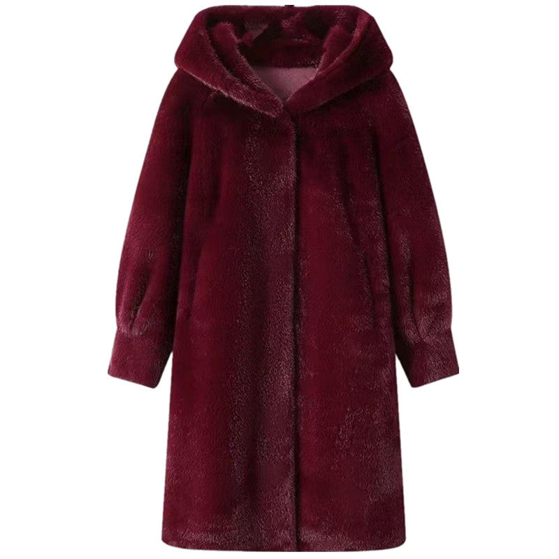 皮草外套女冬中长款水貂绒皮毛一体大衣连帽过膝长款中老年妈妈装