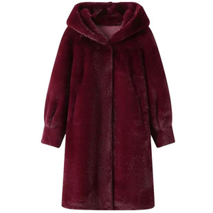 皮草外套女冬中长款水貂绒皮毛一体大衣连帽过膝长款中老年妈妈装