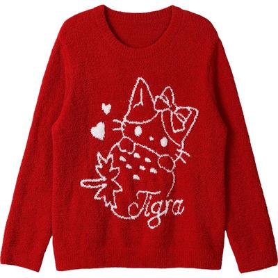 tutuanna秋冬半边绒女士草莓提花圆领上衣提花睡裤加绒加厚家居服