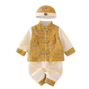 2025秋款男童中国风男宝宝周岁抓周唐装婴儿百天百岁礼服黄色套装