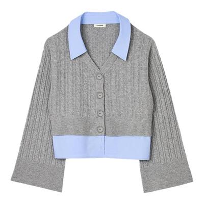 SANDRO Outlets秋冬女装时尚灰色衬衫领喇叭袖假两件拼接针织毛衣