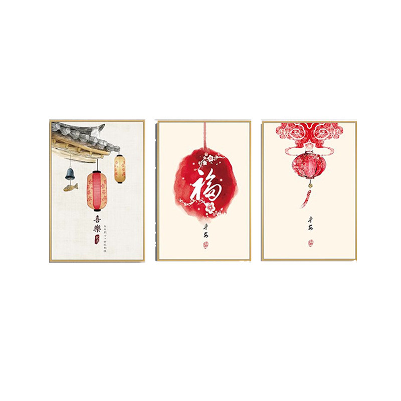 鸿运当头客厅装饰画沙发背景墙挂画新中式壁画现代简约墙画三联画