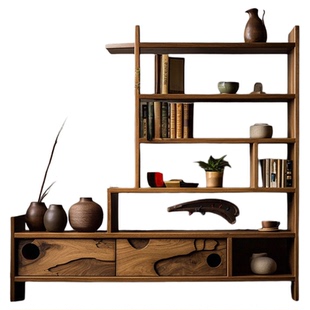侘寂风实木博古架客厅原木风茶室茶具收纳架现代简约中古风古董架