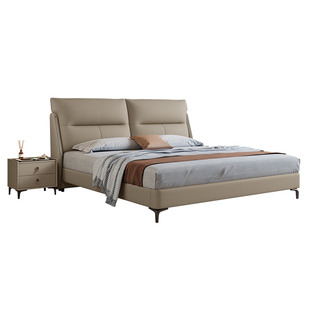 蓝色理想真皮床现代简约主卧室互不打扰意式极简高端大气双人婚床