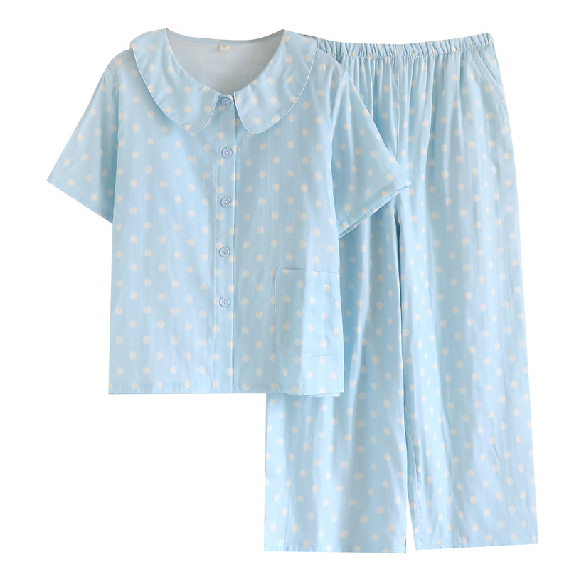 纯棉双层纱布甜美娃娃领睡衣女夏短袖短裤长裤全棉大码家居服套装