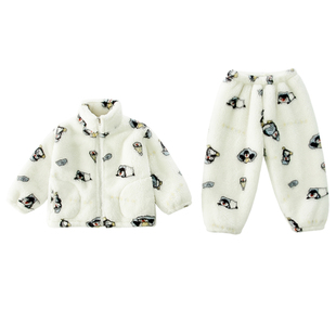 男童冬季舒棉绒小企鹅套装2025新款卡通珊瑚绒睡衣加厚保暖家居服