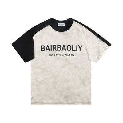 BAIRBAOLIY短袖春夏字母复古扎染拼接T恤ins休闲潮流百搭印花上衣