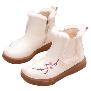 花朵刺绣加绒女童公主靴真皮儿童棉靴国风2025冬新款加厚短筒皮靴