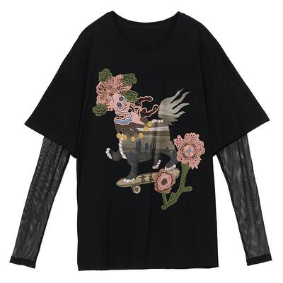 谜底假两件T恤长袖女秋新品复古风圆领宽松印花上衣243MT0968