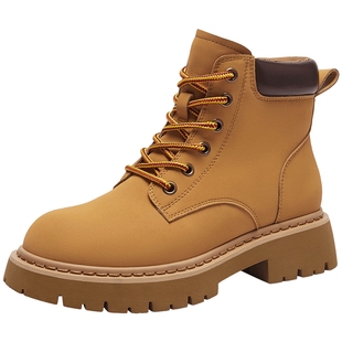 热风2024年冬季新款马丁靴女款复古工装靴登山户外大黄靴子短靴女